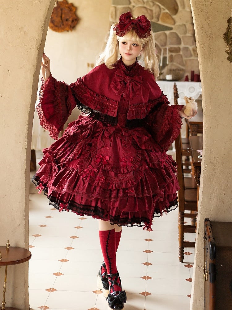 Sleeves Bust + Blouse Bell Gothic - Cape JSK Lolita Wine Set Under Full Red Dress