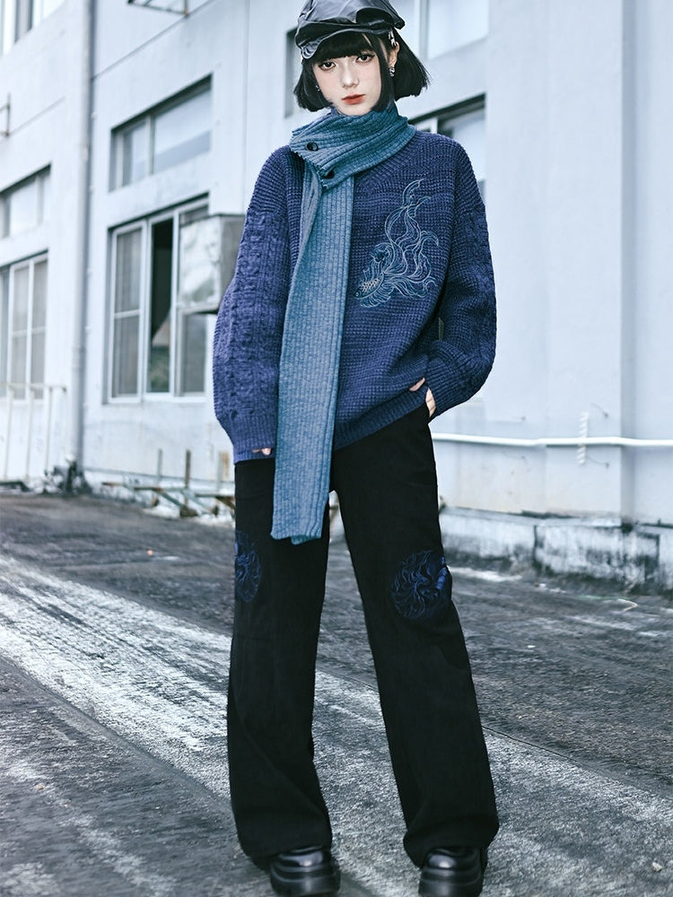 with Goldfish Pants Wide-leg Embroidery Black Gothic