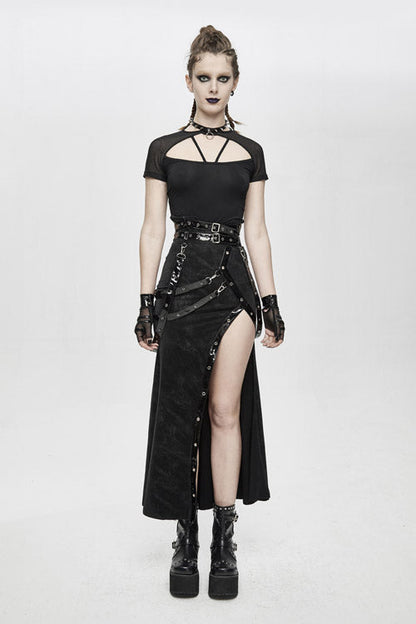 Black High Side Slit Sexy Adjustable Loop Gothic Half Skirt for Women