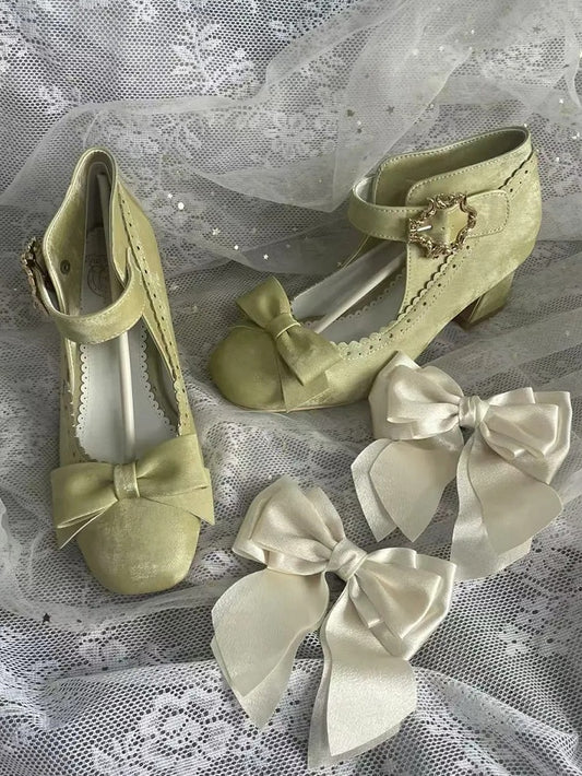 High Heel Green Decorative Block Bow - Shoes for Elegant Wear Accents