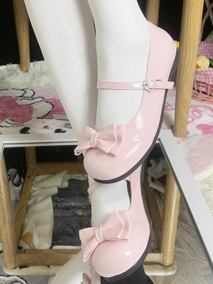 Round Toe Pink Sweet Lolita Flats with 1 cm Heel & Bow Details