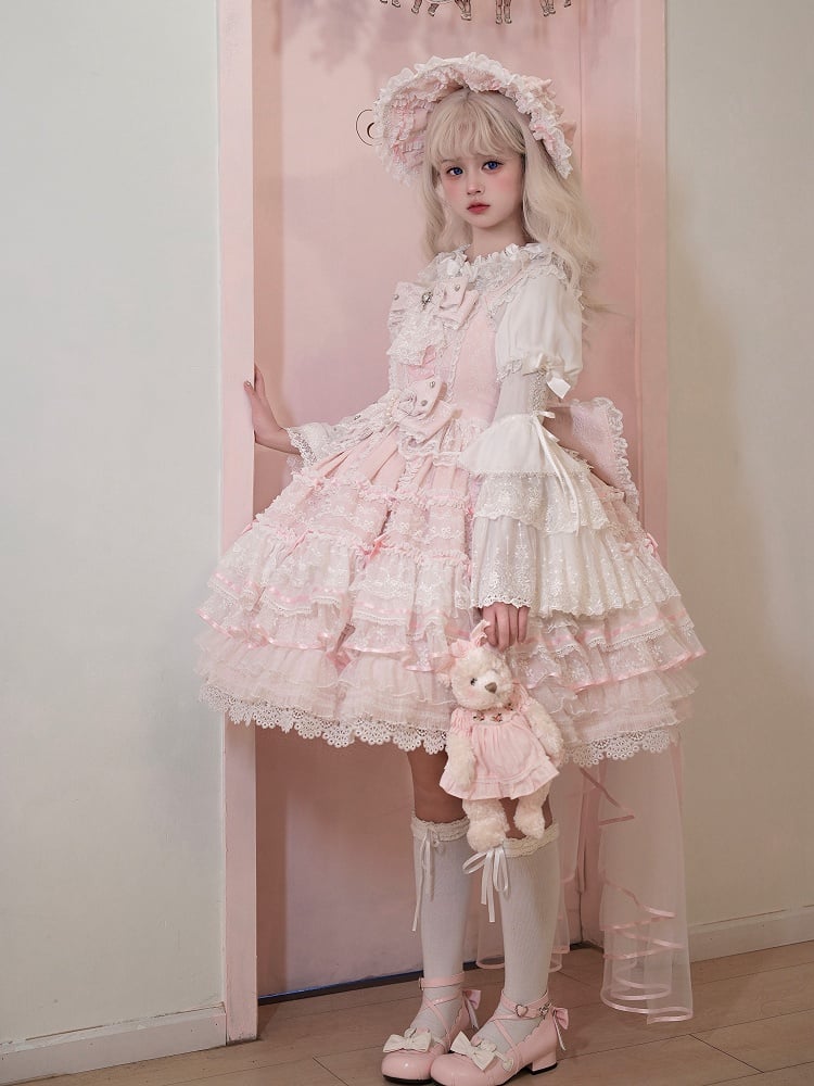 Kleid und Taillen-Lagenpullover abnehmbar mit Hanayome Pink Bows Ausschnitt Rock Lolita Hime auf