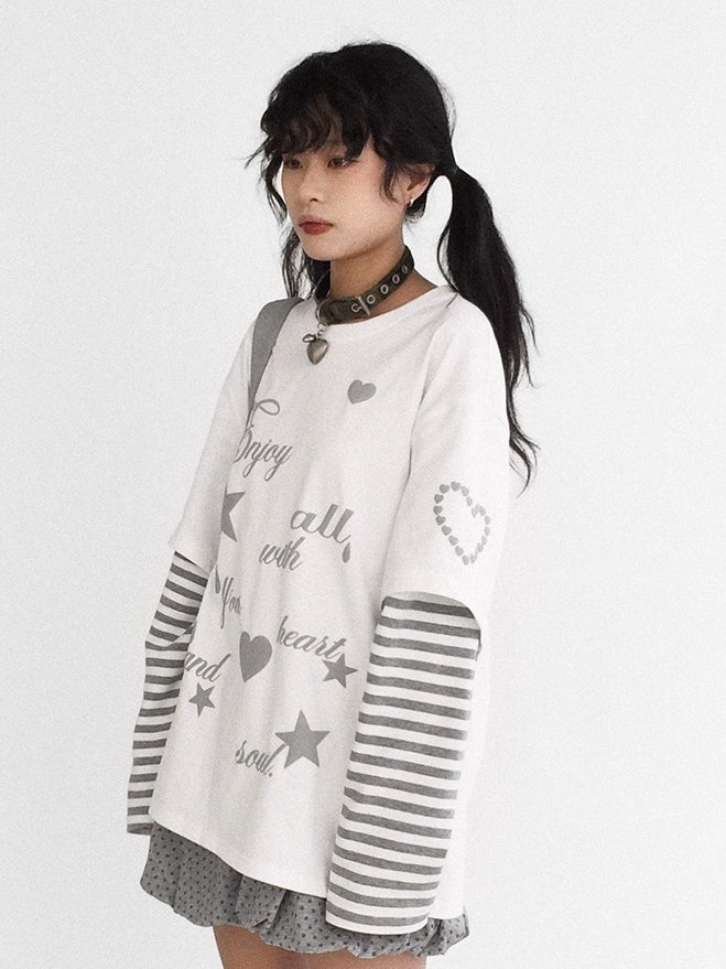 Round Grey Neck White Two-piece Sleeve - Top Long
