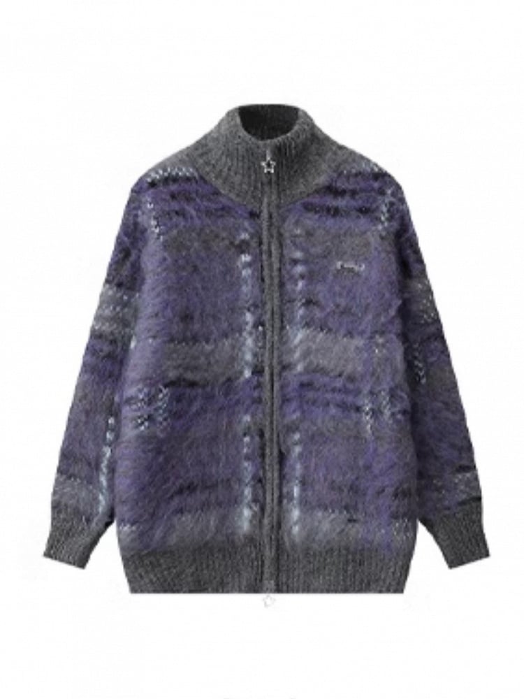 Gestreifter lila-grauer Pullover, gerippt mit detaillierten Steppstichbündchen, Mohair-Strick, locker