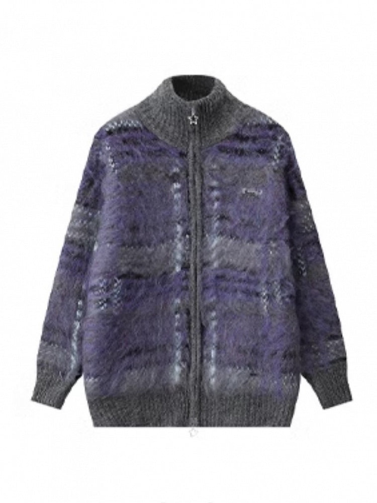 with Knit Sweater Loose Lockstitch Cuffs Gray Mohair Purple Ribbed Striped Detailing