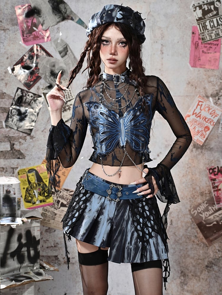 Grunge Punk Rock Fairycore Blau und Schwarz Glockenärmel Mesh Top