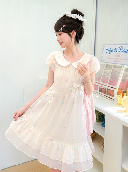 Muster Bunte Polka-dot Weiß Peter Pan Kragen Puffärmel Chiffon Kleid