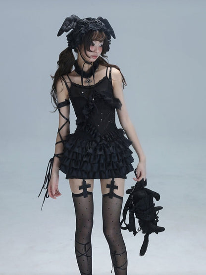 Ballet-Inspired Punk Star with Lace Black Layered Trim Top Ruffles Rhinestone Cami