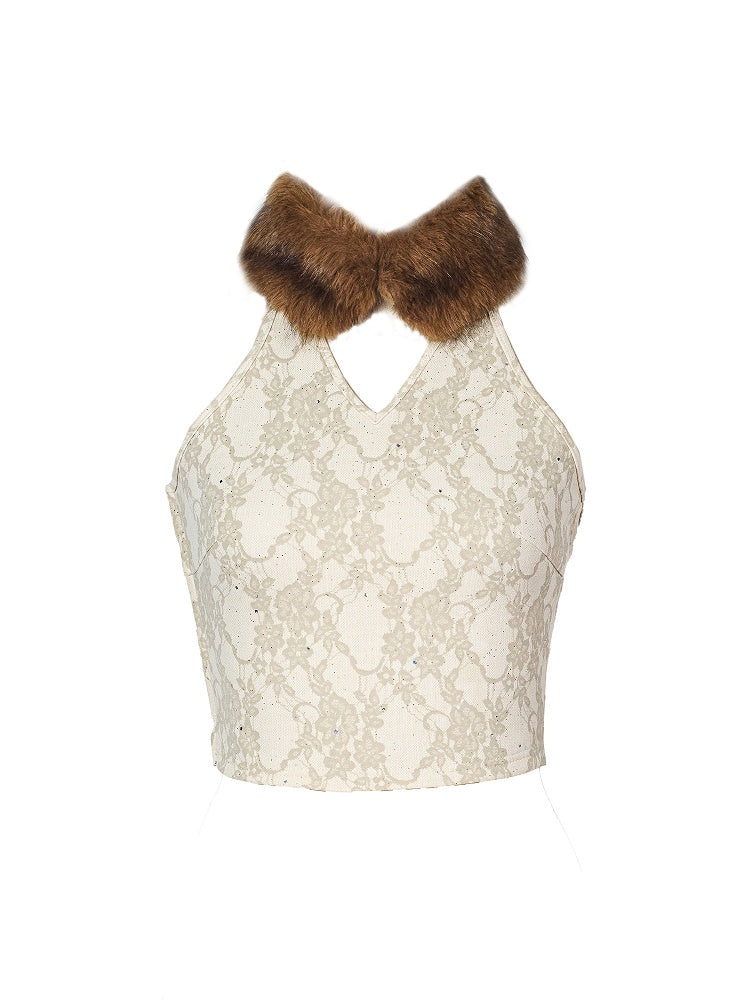 Top Faux Collar Tie Brown Shimmer Floral Punk Fur with Beige Halter