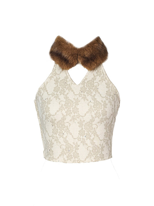 Top Faux Collar Tie Brown Shimmer Floral Punk Fur with Beige Halter