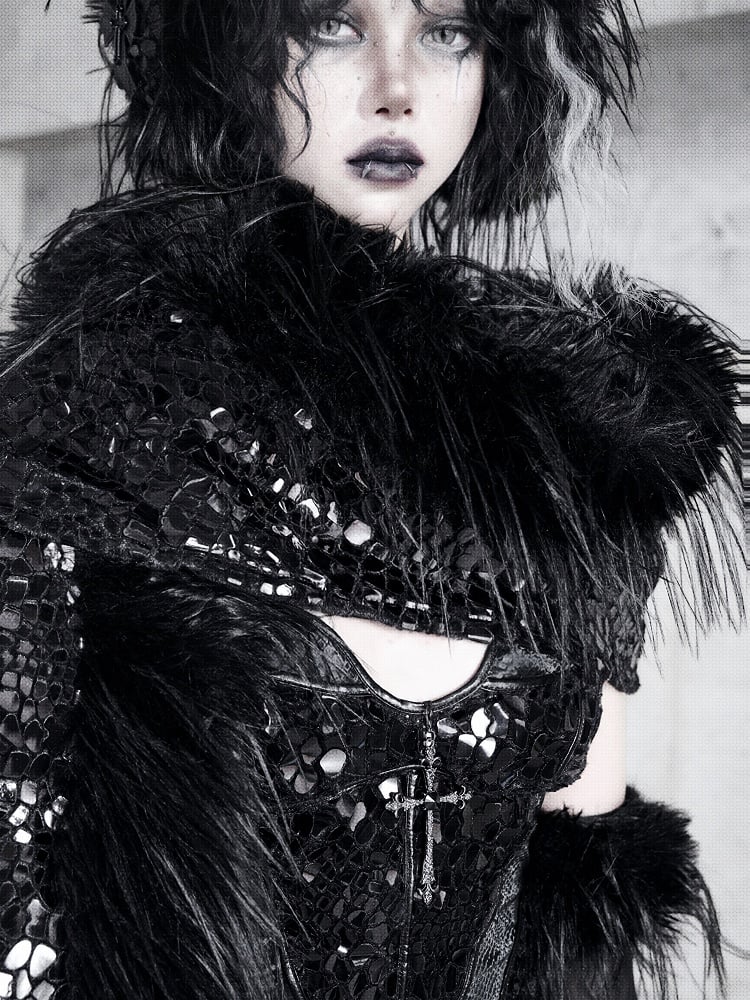 Black Fanx Fur and Glossy Scales Knitted Scarf