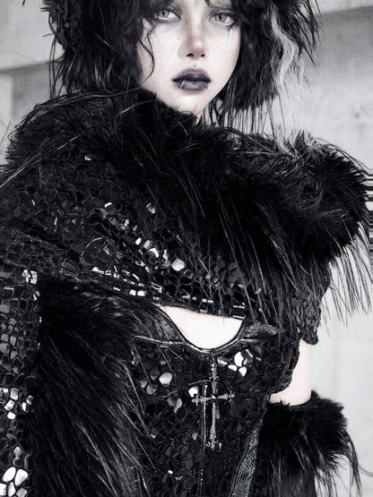 Black Fanx Fur and Glossy Scales Knitted Scarf