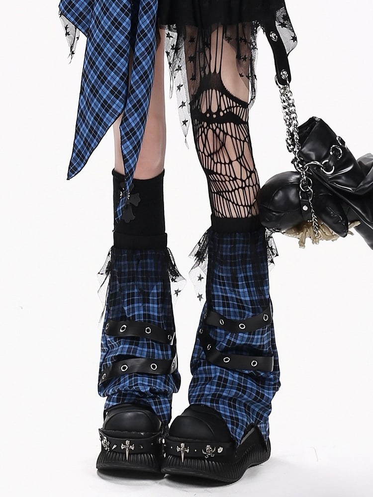 Blue White Red Plaid Leg Warmers with Leather Straps - CRAZY GIRL