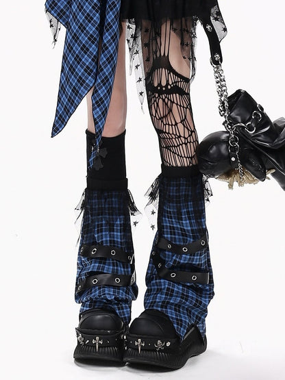 Blue White Red Plaid Leg Warmers with Leather Straps - CRAZY GIRL