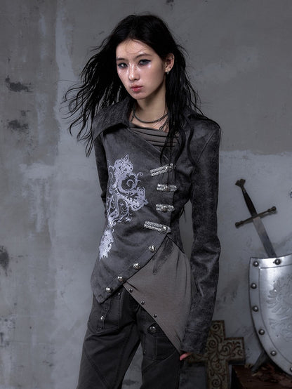 Gray-Brown Vintage with Jacket Cross Dark Punk Street Print Placket Asymmetrical Button