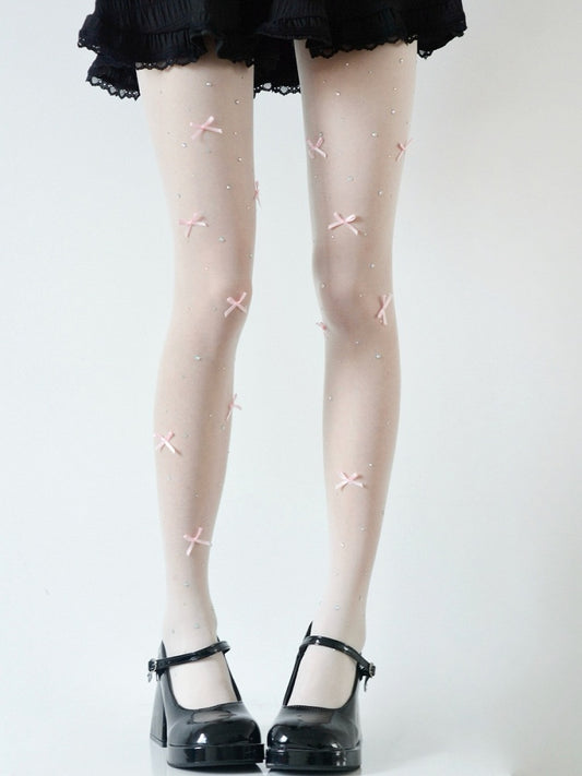 Pink with Decoration and Sheer White Bowknot Tights Rhinestone