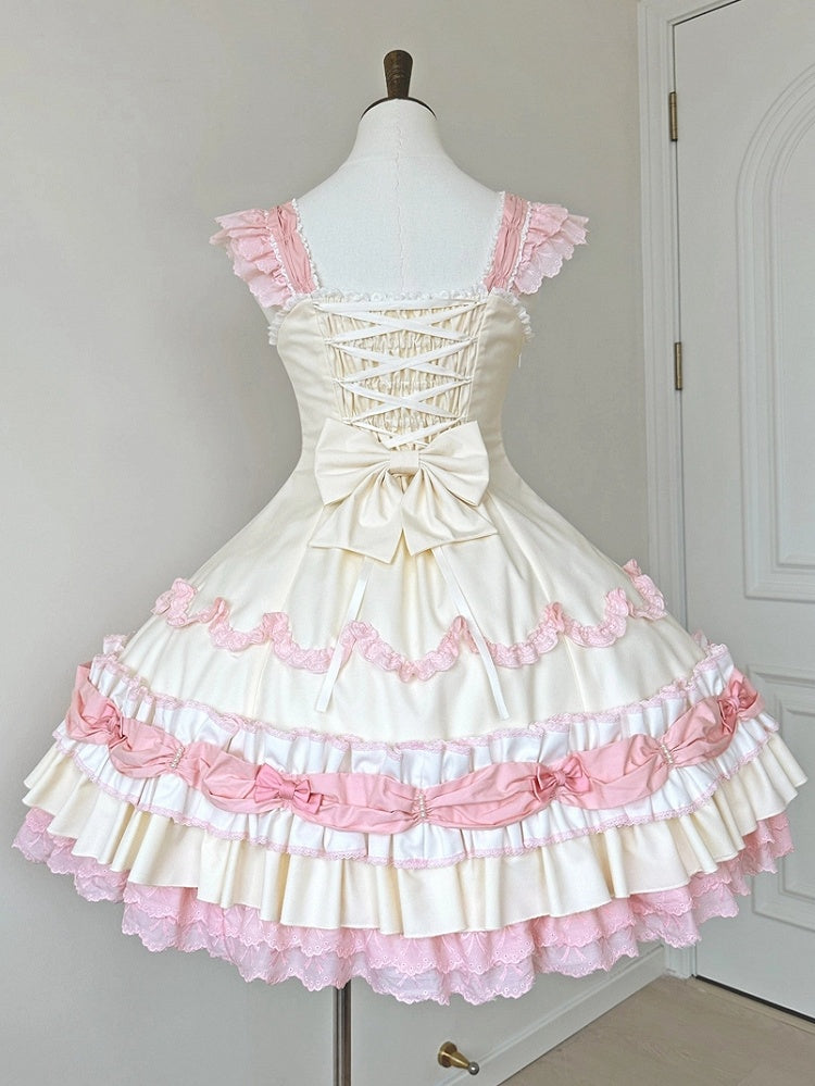 Pink Yellow Sweet Hemline Bows Ruffle Decorated Old Layered and