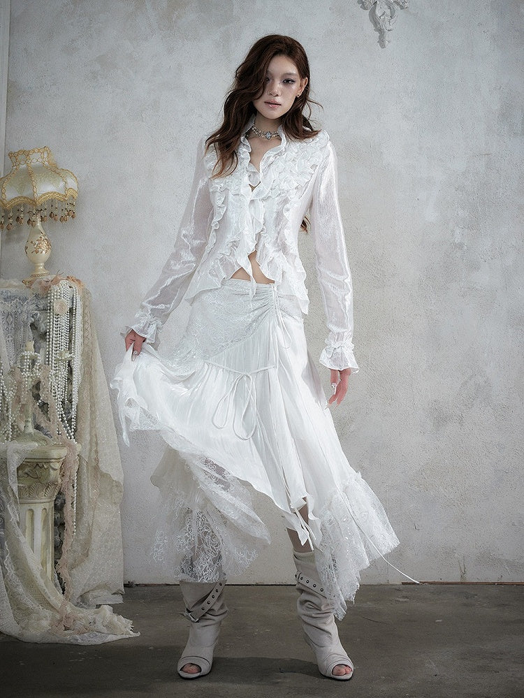 Shimmery White Ruffle Decorated Long Sleeve Blouse with Tie-Back Waist Cinch - NO ROMANCE