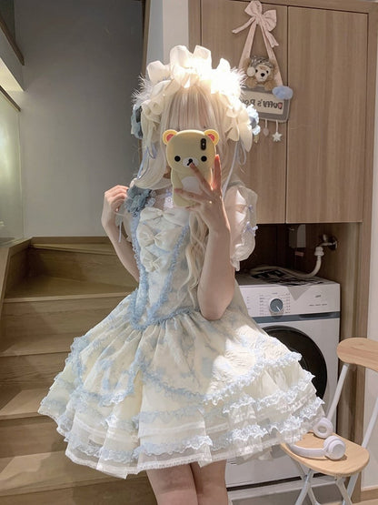 Ruffles Trimmings Lace Layered Jumper Skirt Princess Lolita Blue with Floral-Print and