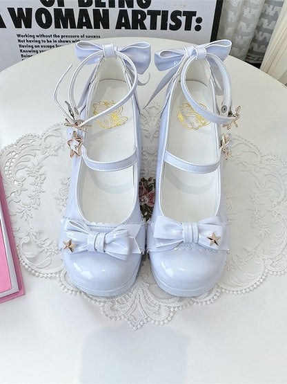 Star in Elegant Lolita High Blue Light 8cm - Accents Block Details Heels Bow