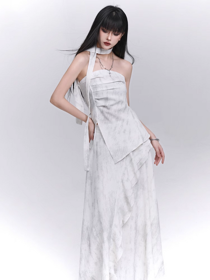 Off-white Side Strapless Top / Elastic Waist Scarf Slit with