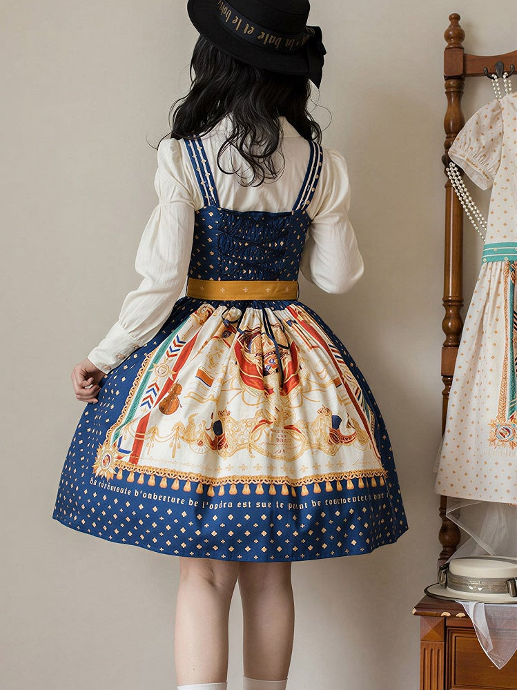 Dark Blue Musical Print Elegant Lolita Jumper Skirt - Crucis Universal Tailor Company