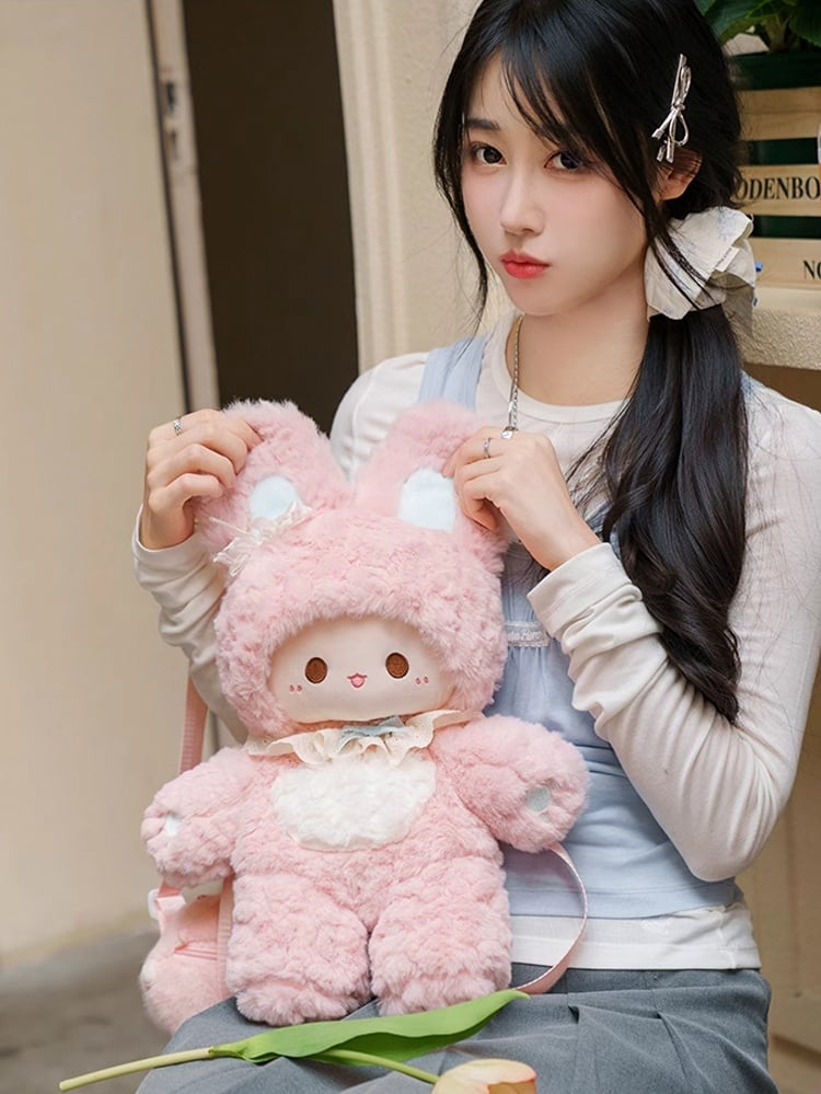 Plush Bowknot Pink Straps Detachable Backpack Decorated 43cm Rabbit Shoulder