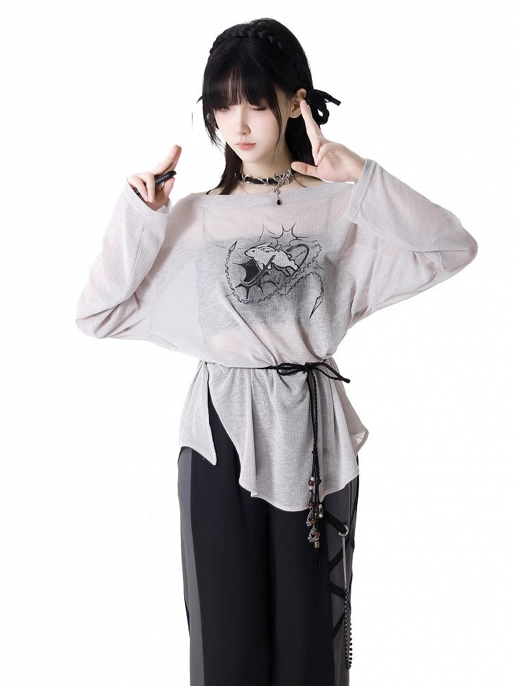 ストラップバニープリントカバーアップ+キャミトップ+セルフタイグレーオフショルダーピースの3点セット