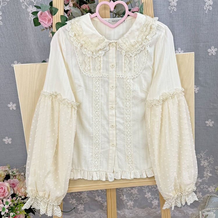 Lolita Apricot Long Jacquard Cotton Blouse Sleeves