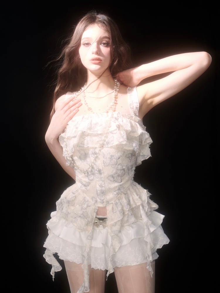 アプリコットバタフライプリントアシンメトリーヘムトップス