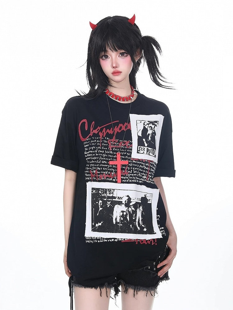 Dark Graphic Print Short-Sleeve Band Tee with Patch - KNOW8 Online Shop