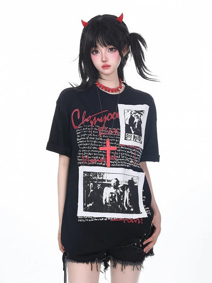 Dark Graphic Print Short-Sleeve Band Tee with Patch - KNOW8 Online Shop