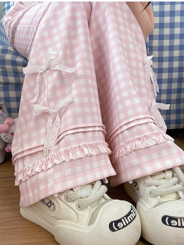 ピンクチェック柄ハイウエストレースリボンワイドレッグパンツ（レギュラー/ショート）