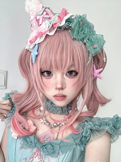 Claw Two Wigs With Bangs + Length Pink Shoulder Wavy Ponytails