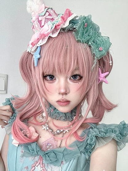 Claw Two Wigs With Bangs + Length Pink Shoulder Wavy Ponytails