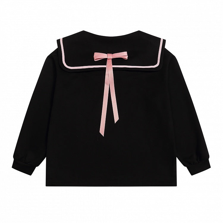 Ribbon and Girl Print Jirai Sweatshirt with Back Black/Pink Collar Bow Sailor - Kei Manga Style
