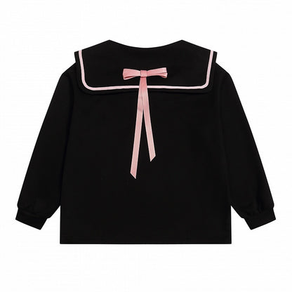 Ribbon and Girl Print Jirai Sweatshirt with Back Black/Pink Collar Bow Sailor - Kei Manga Style