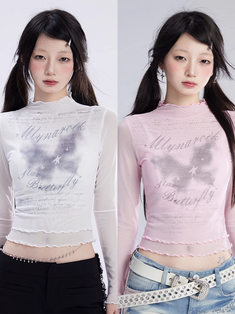 ピンク/ホワイトのセミシースルートップス、バタフライプリント、レタスヘムメッシュ