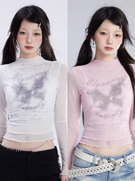 ピンク/ホワイトのセミシースルートップス、バタフライプリント、レタスヘムメッシュ