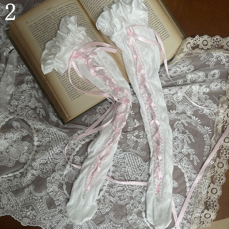 Pink Stockings Lace-up Underknee Leg With Bowknot Loop Detail