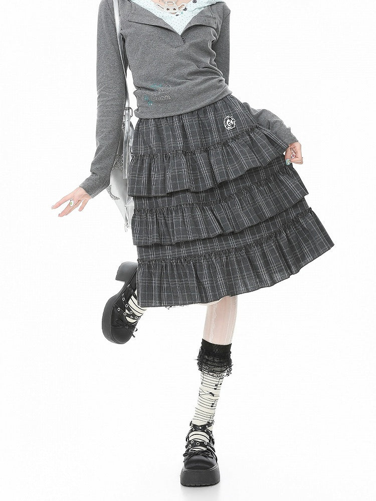 Ruffle Daily Embroidery Plaid Skirt Kawaii With Gray