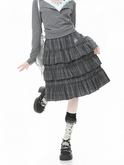Ruffle Daily Embroidery Plaid Skirt Kawaii With Gray