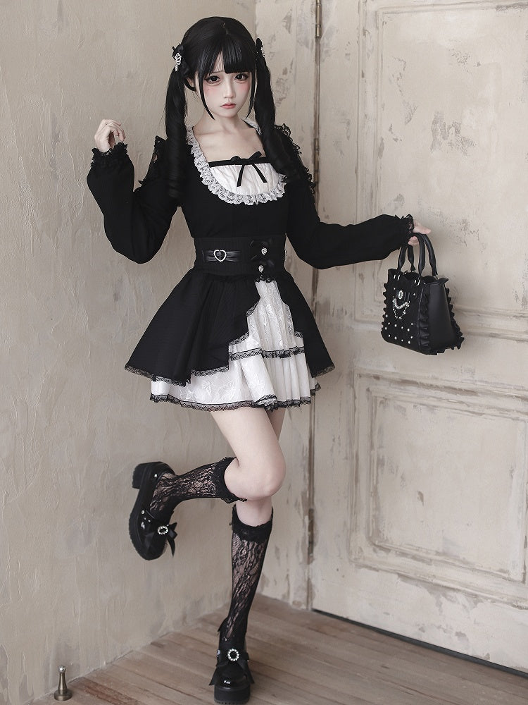 / Kei Lace White Waist Maid Cutouts Aesthetic Core Jirai Skirt High Shoulder Top - Black Tiered