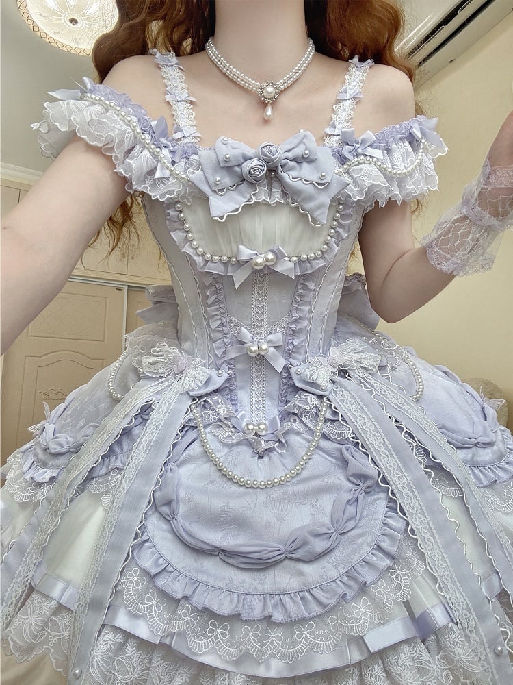 Dress Purple with Off-the-shoulder Balletcore Lolita Neckline Waist Corset Straps