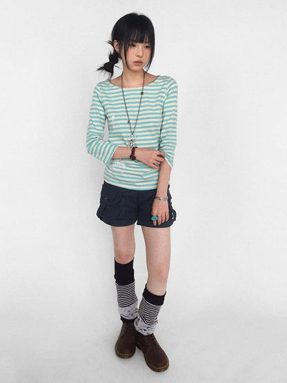 Mint Striped Wide Round Neck Long Sleeve T-shirt with Key and Iron Gate Print - innomoood