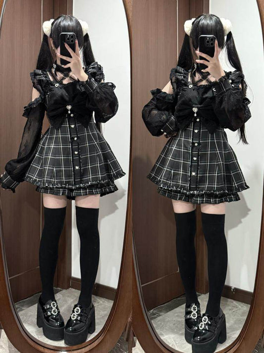 Kei Shoulder Set + Matching Necklace Halter Black Jirai Dress Plaid Neck Cutout Shorts Double-Layered