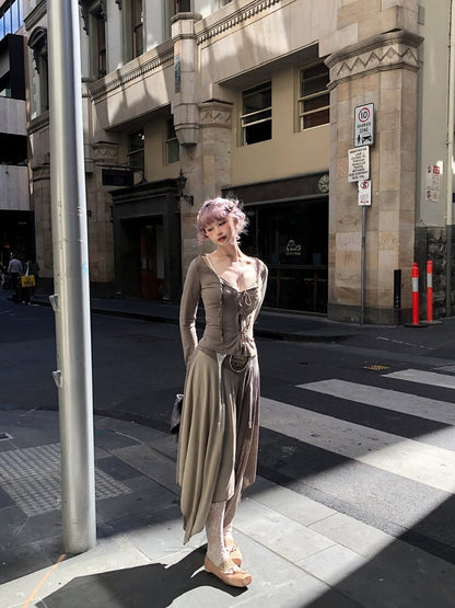 Sleeves Long with Tie-Front Gray Cardigan Colorblock