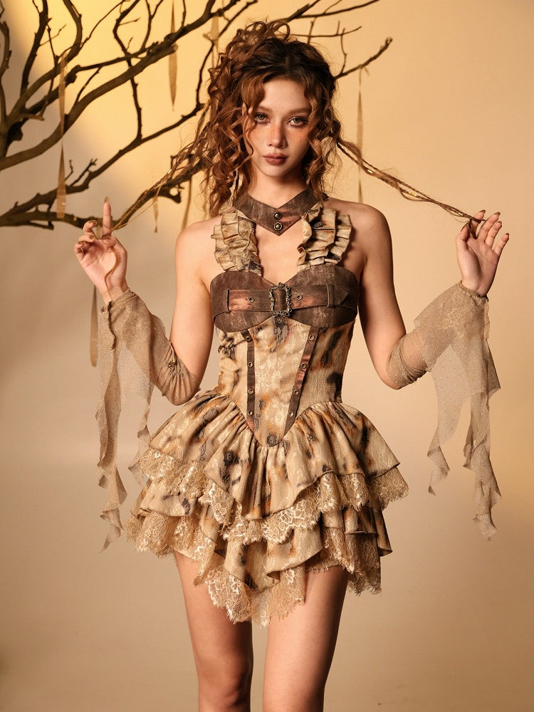Burn-Effect Halter Dress with Tiered Ruffles and Distressed Lace - Virtual Orbit