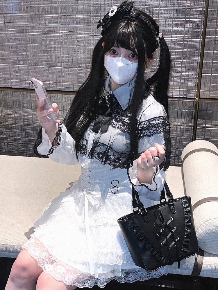 Jirai Kei Blue Heart Buckles Lace-up Detail Landmine Style High Waist Lace Tiered Skirt