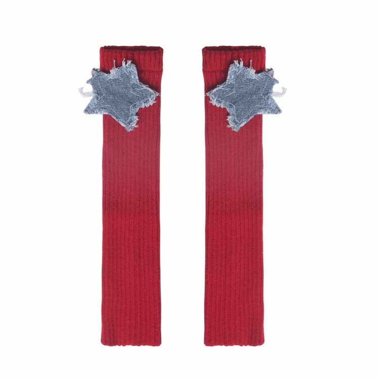 Rote Strick-Beinwärmer mit Denim-Stern-Applikationen